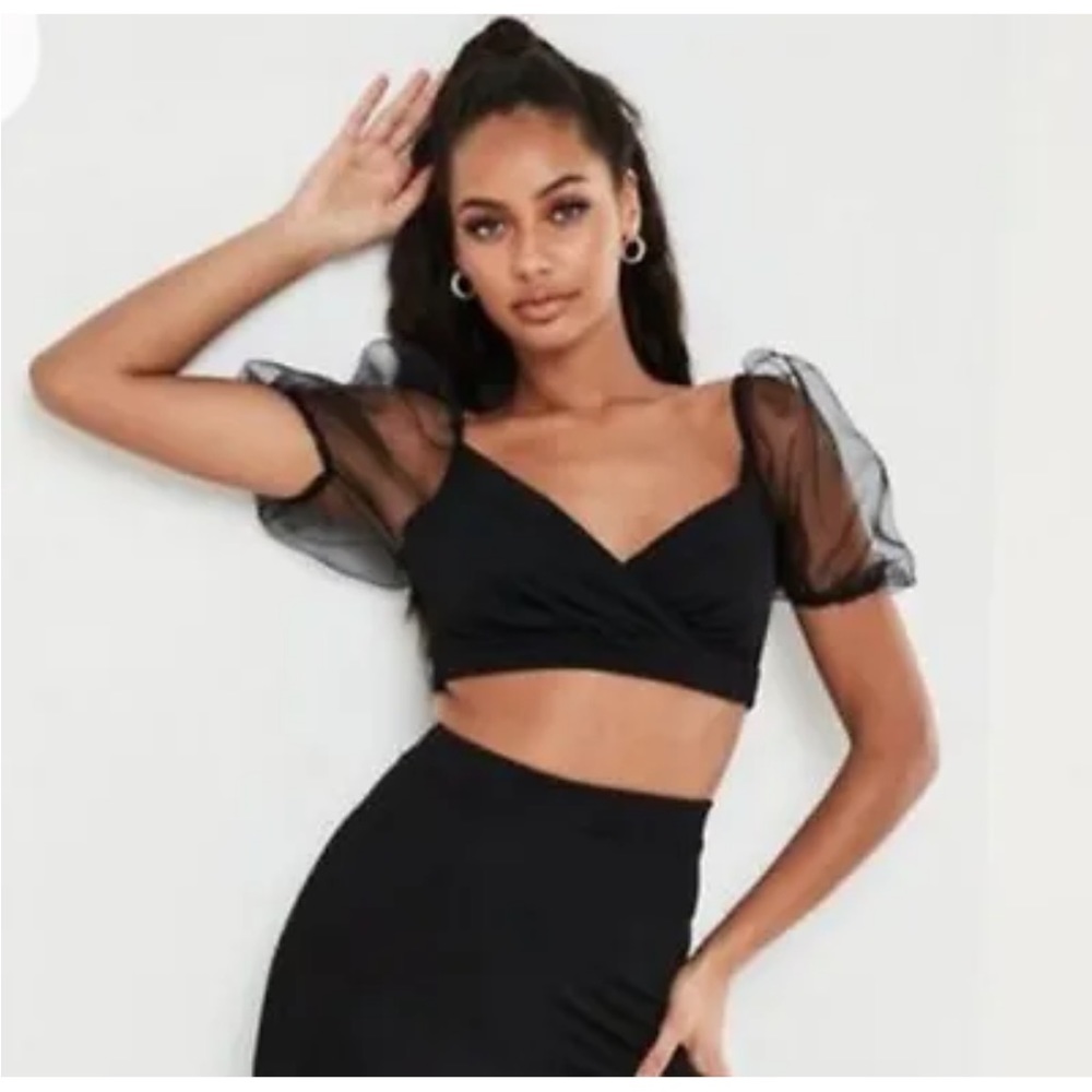 Missguided Petite Puff Sleeve Black Crop Top Size 2